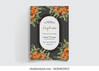 WEDDING INVITATION FRAME WITH FLOWER DECORATIONS AND FRESH LEAVES
