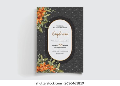 WEDDING INVITATION FRAME WITH FLOWER DECORATIONS AND FRESH LEAVES