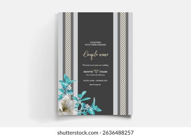 WEDDING INVITATION FRAME WITH FLOWER DECORATIONS AND FRESH LEAVES