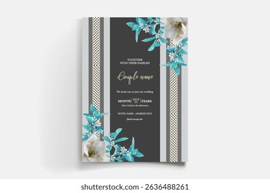WEDDING INVITATION FRAME WITH FLOWER DECORATIONS AND FRESH LEAVES