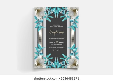 WEDDING INVITATION FRAME WITH FLOWER DECORATIONS AND FRESH LEAVES