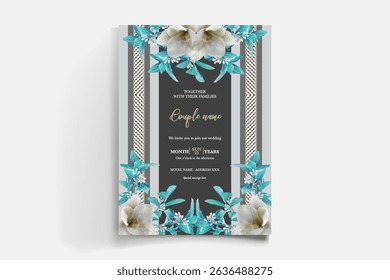 WEDDING INVITATION FRAME WITH FLOWER DECORATIONS AND FRESH LEAVES