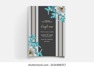 WEDDING INVITATION FRAME WITH FLOWER DECORATIONS AND FRESH LEAVES