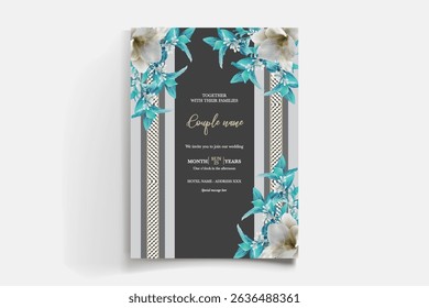 WEDDING INVITATION FRAME WITH FLOWER DECORATIONS AND FRESH LEAVES