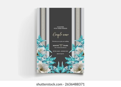 WEDDING INVITATION FRAME WITH FLOWER DECORATIONS AND FRESH LEAVES