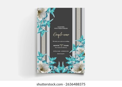 WEDDING INVITATION FRAME WITH FLOWER DECORATIONS AND FRESH LEAVES