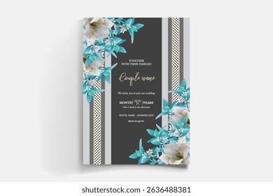 WEDDING INVITATION FRAME WITH FLOWER DECORATIONS AND FRESH LEAVES