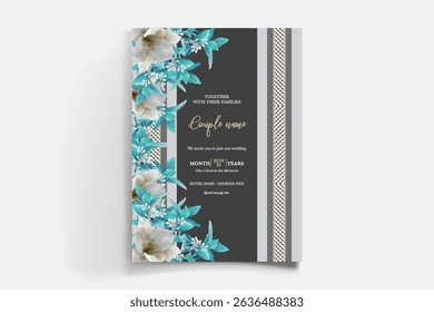 WEDDING INVITATION FRAME WITH FLOWER DECORATIONS AND FRESH LEAVES