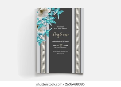 WEDDING INVITATION FRAME WITH FLOWER DECORATIONS AND FRESH LEAVES