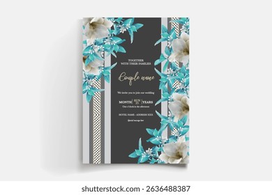 WEDDING INVITATION FRAME WITH FLOWER DECORATIONS AND FRESH LEAVES