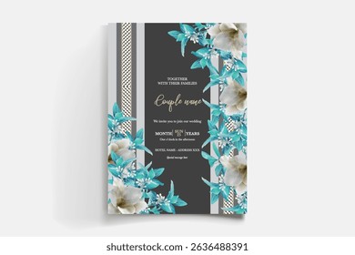 WEDDING INVITATION FRAME WITH FLOWER DECORATIONS AND FRESH LEAVES