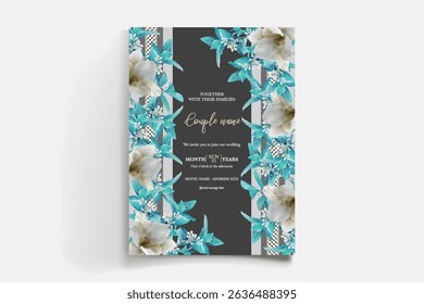 WEDDING INVITATION FRAME WITH FLOWER DECORATIONS AND FRESH LEAVES
