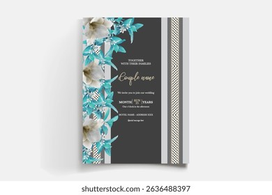 WEDDING INVITATION FRAME WITH FLOWER DECORATIONS AND FRESH LEAVES