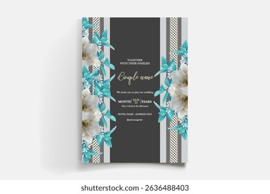 WEDDING INVITATION FRAME WITH FLOWER DECORATIONS AND FRESH LEAVES