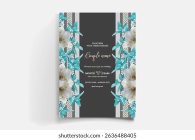 WEDDING INVITATION FRAME WITH FLOWER DECORATIONS AND FRESH LEAVES
