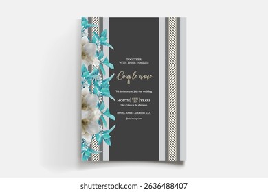 WEDDING INVITATION FRAME WITH FLOWER DECORATIONS AND FRESH LEAVES