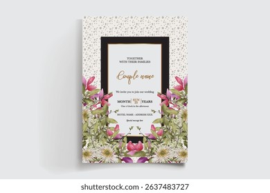 WEDDING INVITATION FRAME WITH FLOWER DECORATIONS AND FRESH LEAVES