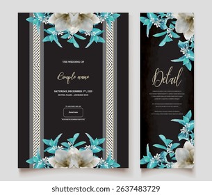WEDDING INVITATION FRAME WITH FLOWER DECORATIONS AND FRESH LEAVES