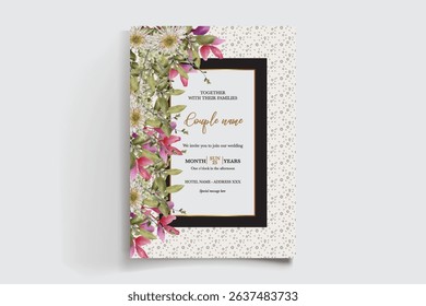 WEDDING INVITATION FRAME WITH FLOWER DECORATIONS AND FRESH LEAVES