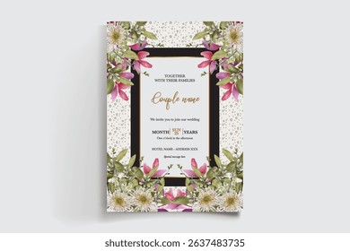 WEDDING INVITATION FRAME WITH FLOWER DECORATIONS AND FRESH LEAVES