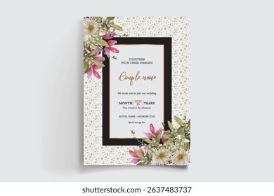 WEDDING INVITATION FRAME WITH FLOWER DECORATIONS AND FRESH LEAVES