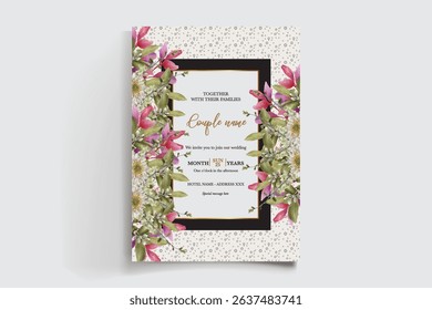 WEDDING INVITATION FRAME WITH FLOWER DECORATIONS AND FRESH LEAVES