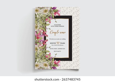WEDDING INVITATION FRAME WITH FLOWER DECORATIONS AND FRESH LEAVES