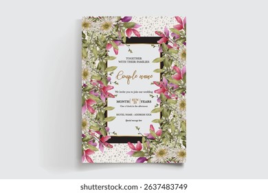 WEDDING INVITATION FRAME WITH FLOWER DECORATIONS AND FRESH LEAVES