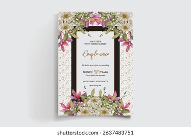 WEDDING INVITATION FRAME WITH FLOWER DECORATIONS AND FRESH LEAVES