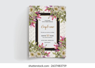 WEDDING INVITATION FRAME WITH FLOWER DECORATIONS AND FRESH LEAVES