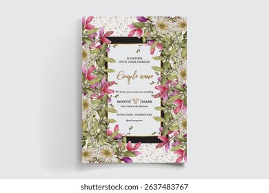 WEDDING INVITATION FRAME WITH FLOWER DECORATIONS AND FRESH LEAVES