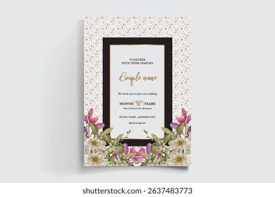 WEDDING INVITATION FRAME WITH FLOWER DECORATIONS AND FRESH LEAVES