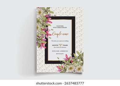 WEDDING INVITATION FRAME WITH FLOWER DECORATIONS AND FRESH LEAVES