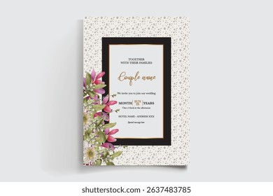 WEDDING INVITATION FRAME WITH FLOWER DECORATIONS AND FRESH LEAVES