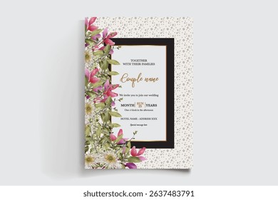 WEDDING INVITATION FRAME WITH FLOWER DECORATIONS AND FRESH LEAVES