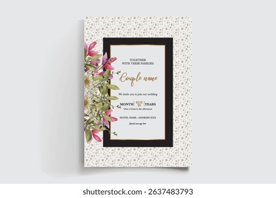 WEDDING INVITATION FRAME WITH FLOWER DECORATIONS AND FRESH LEAVES