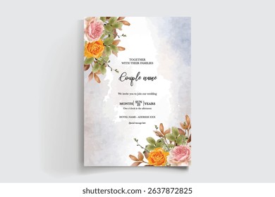 WEDDING INVITATION FRAME WITH FLOWER DECORATIONS AND FRESH LEAVES