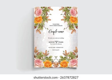 WEDDING INVITATION FRAME WITH FLOWER DECORATIONS AND FRESH LEAVES