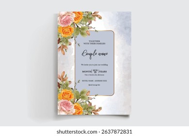 WEDDING INVITATION FRAME WITH FLOWER DECORATIONS AND FRESH LEAVES