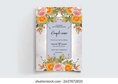 WEDDING INVITATION FRAME WITH FLOWER DECORATIONS AND FRESH LEAVES