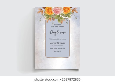 WEDDING INVITATION FRAME WITH FLOWER DECORATIONS AND FRESH LEAVES