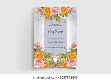WEDDING INVITATION FRAME WITH FLOWER DECORATIONS AND FRESH LEAVES