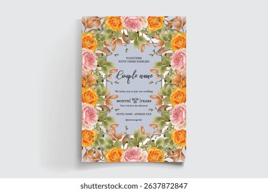 WEDDING INVITATION FRAME WITH FLOWER DECORATIONS AND FRESH LEAVES