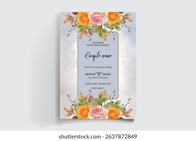 WEDDING INVITATION FRAME WITH FLOWER DECORATIONS AND FRESH LEAVES