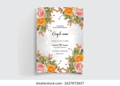 WEDDING INVITATION FRAME WITH FLOWER DECORATIONS AND FRESH LEAVES