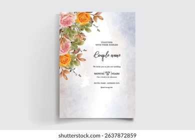 WEDDING INVITATION FRAME WITH FLOWER DECORATIONS AND FRESH LEAVES