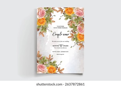 WEDDING INVITATION FRAME WITH FLOWER DECORATIONS AND FRESH LEAVES