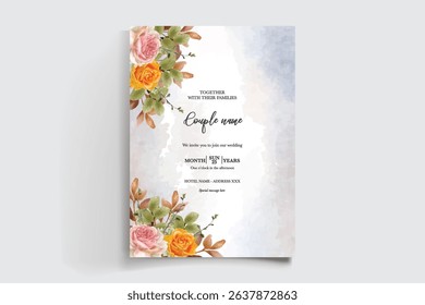 WEDDING INVITATION FRAME WITH FLOWER DECORATIONS AND FRESH LEAVES