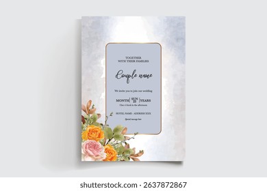 WEDDING INVITATION FRAME WITH FLOWER DECORATIONS AND FRESH LEAVES