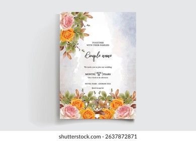 WEDDING INVITATION FRAME WITH FLOWER DECORATIONS AND FRESH LEAVES
